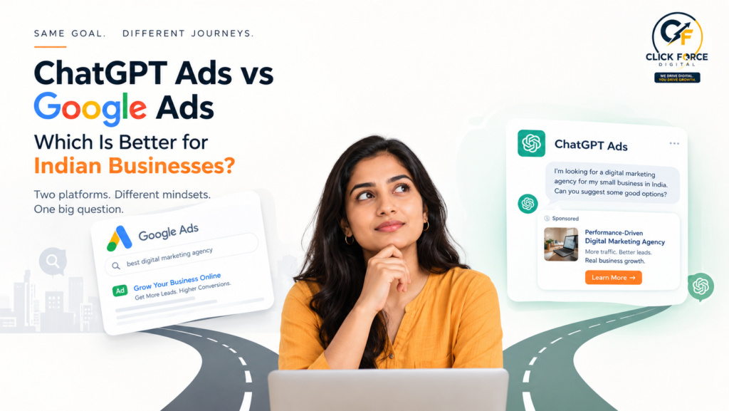 ChatGPT Ads vs Google Ads comparison graphic highlighting AI conversation discovery versus search intent for Indian businesses.