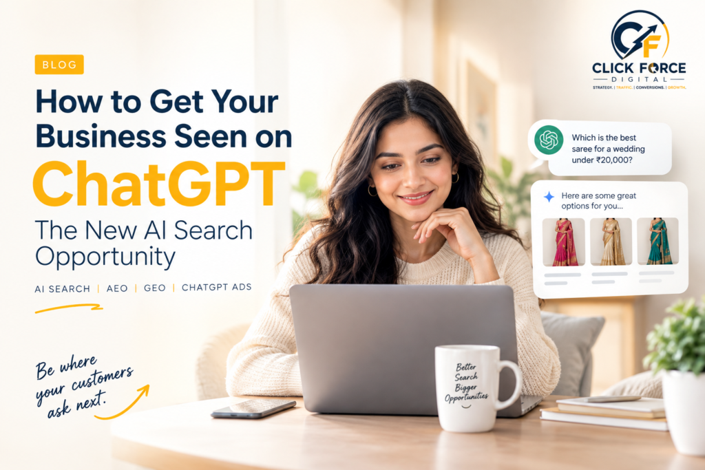Woman using a laptop with AI search graphics, illustrating how to make a business visible on ChatGPT